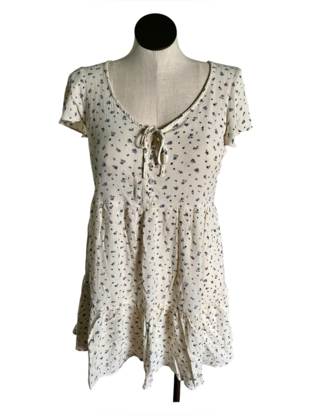 American Eagle White Ditsy Floral Short Sleeve Tiered Mini Dress - Size Large
